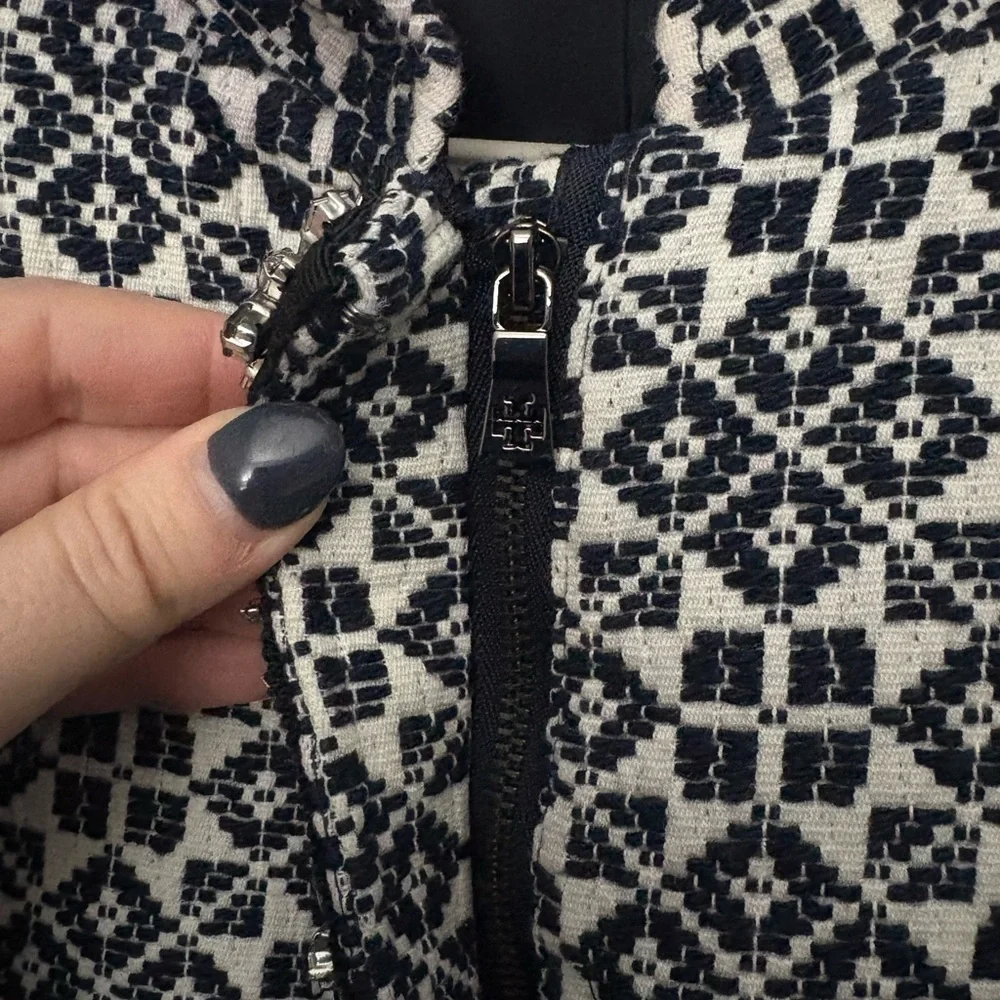 Tory Burch Embellished Jacquard Jacket Size 12 Navy Ivory Collarless Blazer
